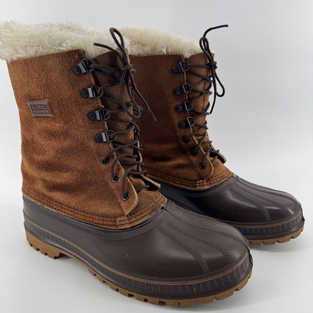 Sorel Kaufman Boots Mens 9 Brown Suede Steel Shank Faux Fur Made in USA